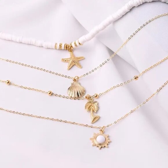 Bohemian Beach Starfish Shell Sun Pendant Layered Necklace Womens Necklace - Picture 2 of 4